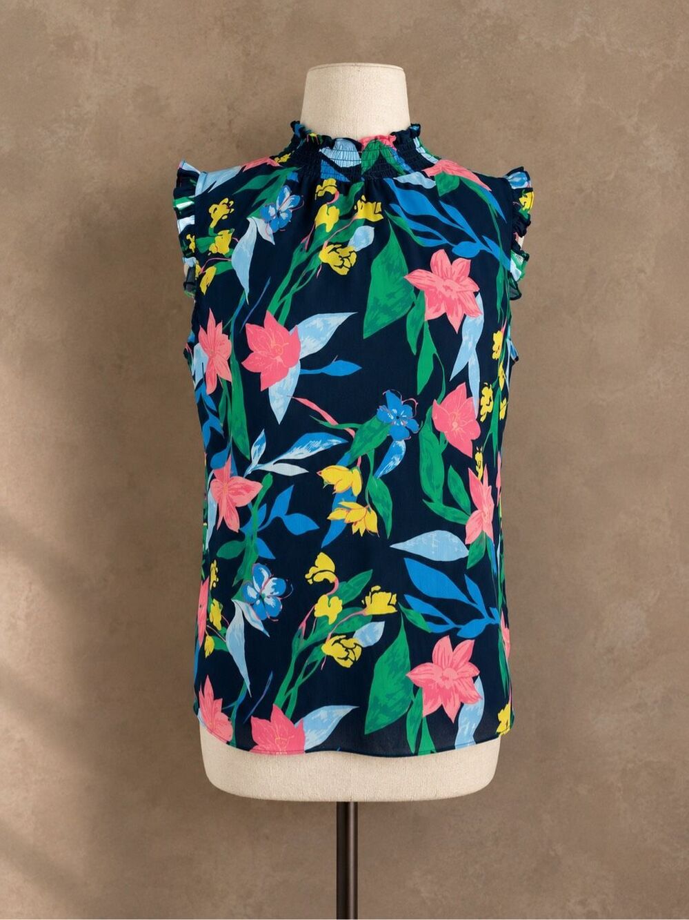 J. CREW factory blouse | Floral mockneck tank top | size 4 | navy | sleeveless